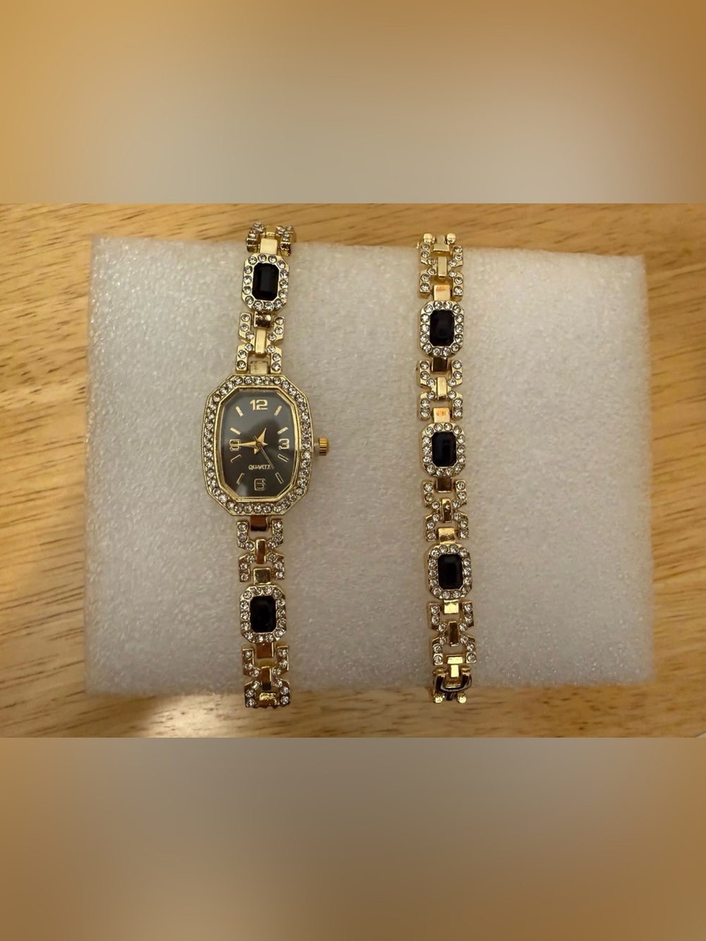 Luxury Rhinestone & Faux Black Onyx Watch and Bracelet Set